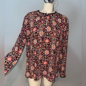 Loft black floral boho style flowy blouse top shirt keyhole neckline woman’s LP